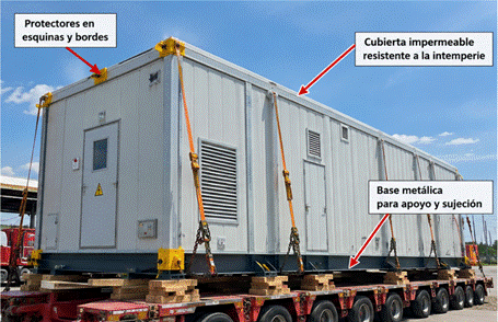 Ejemplo ilustrativo de una E-House modular cargada en un vehículo especializado